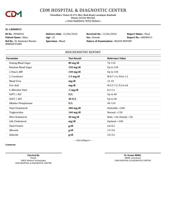 Printed Biochemistry Report - Hospital Software BD screenshot
